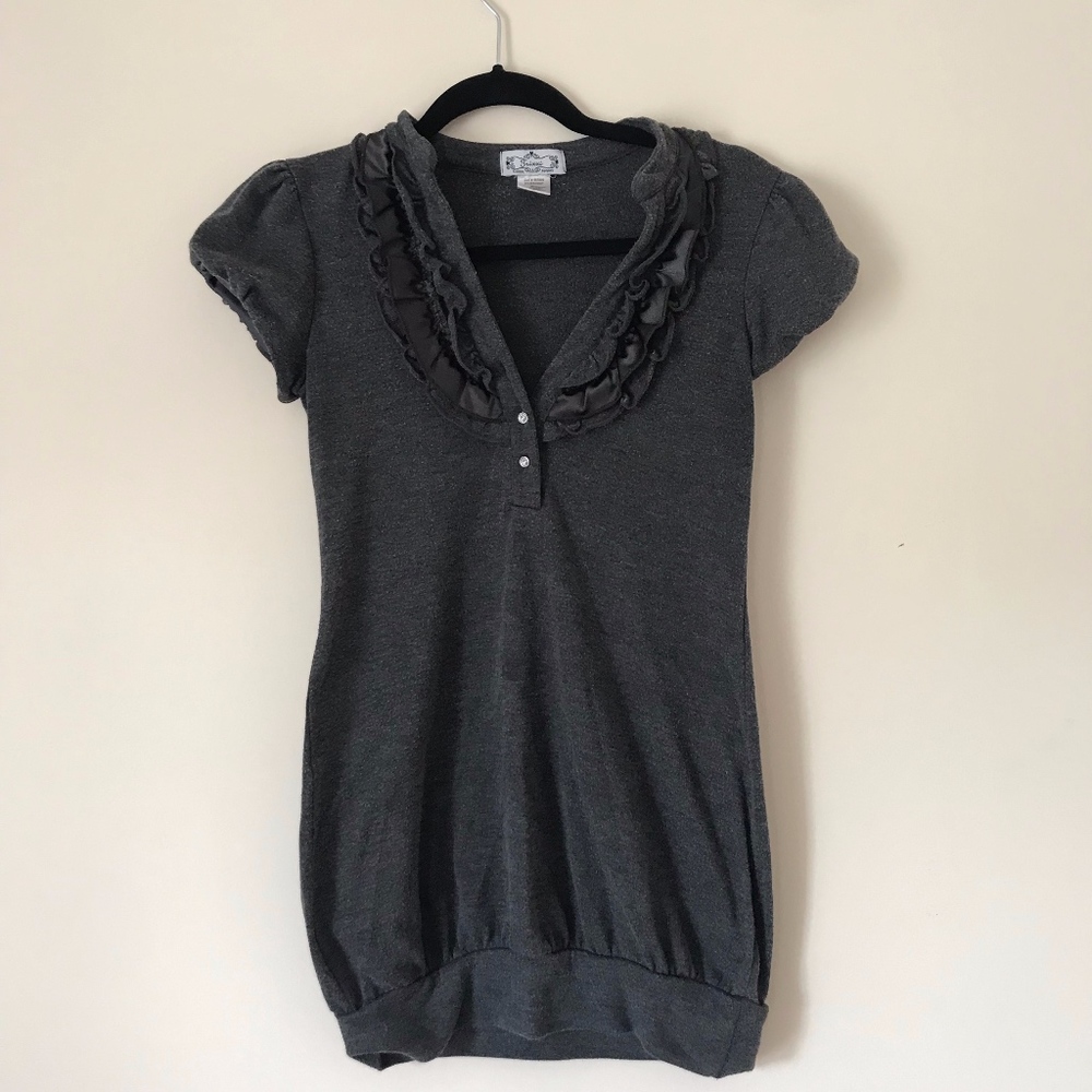 Gray Ruffle Top with Sparkly Buttons